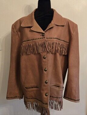 Vintage Santa Fe Womens Western Brown Leather Jacket With Fringe Brass Studs XL
